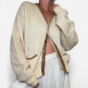 vintage 1960's sears wool mohair cardigan sweater with suede trim size L unisex